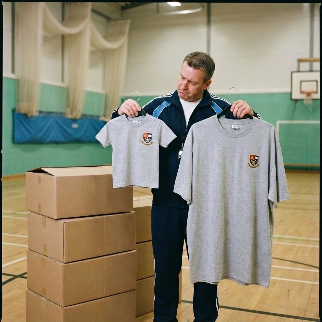 Coach holding a tiny t-shirt and a massive t-shirt