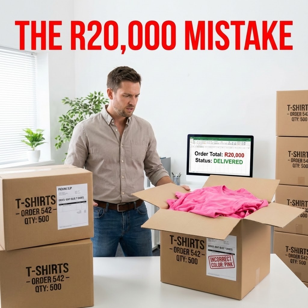 Host stands in a clean office with bulk T-shirt printing