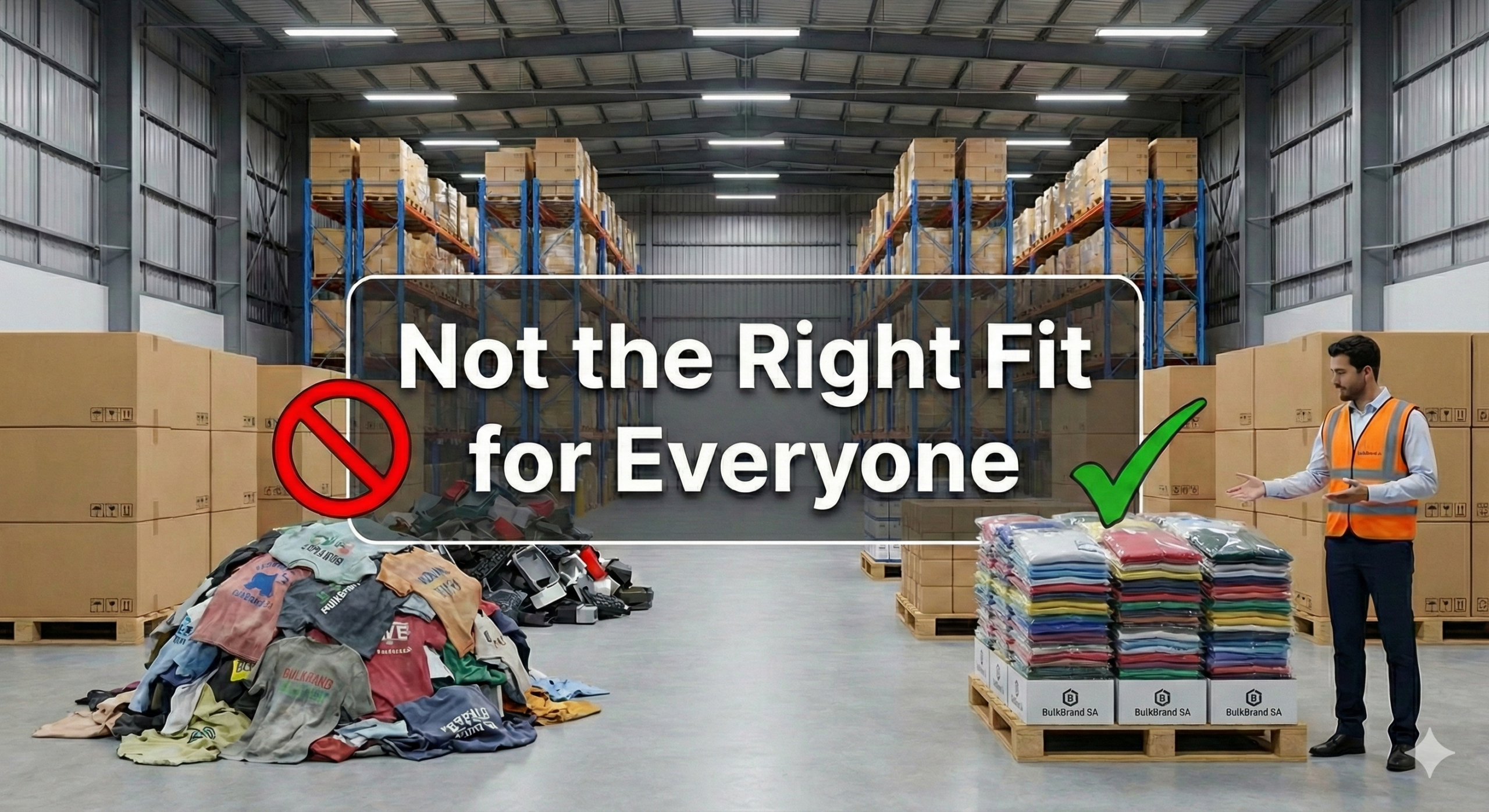 A warehouse comparison showing a messy pile of low-quality clothes versus a neat, professionally stacked pallet of folded t-shirts, illustrating when BulkBrand SA is the right bulk manufacturing partner.