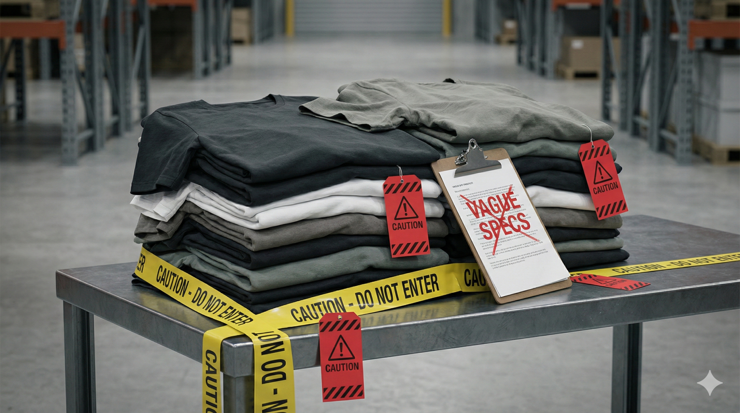 A stack of grey and charcoal promotional t-shirts on a warehouse table wrapped in yellow caution tape and red warning tags, symbolizing the risks of bulk apparel ordering.