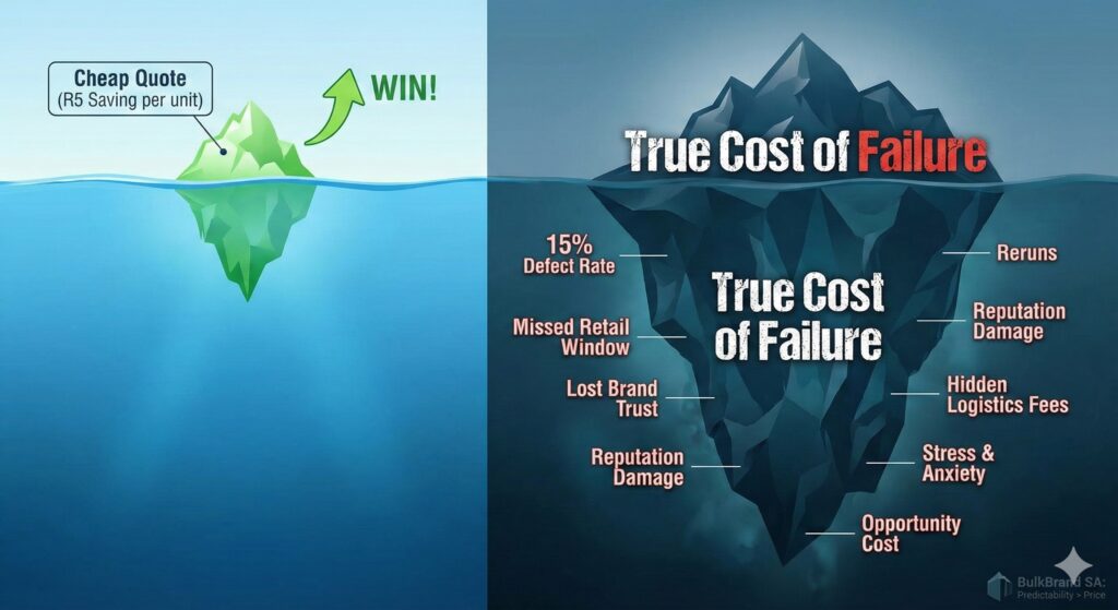 Infographic showing the hidden costs of printed t-shirts wholesale using an iceberg metaphor, highlighting risks like defect rates and missed retail windows.